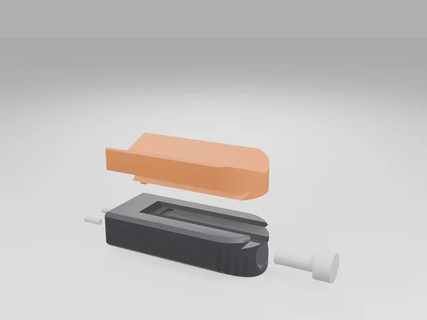 Exploded render: finger body, TPU pad, M5 screw and two dowel pins