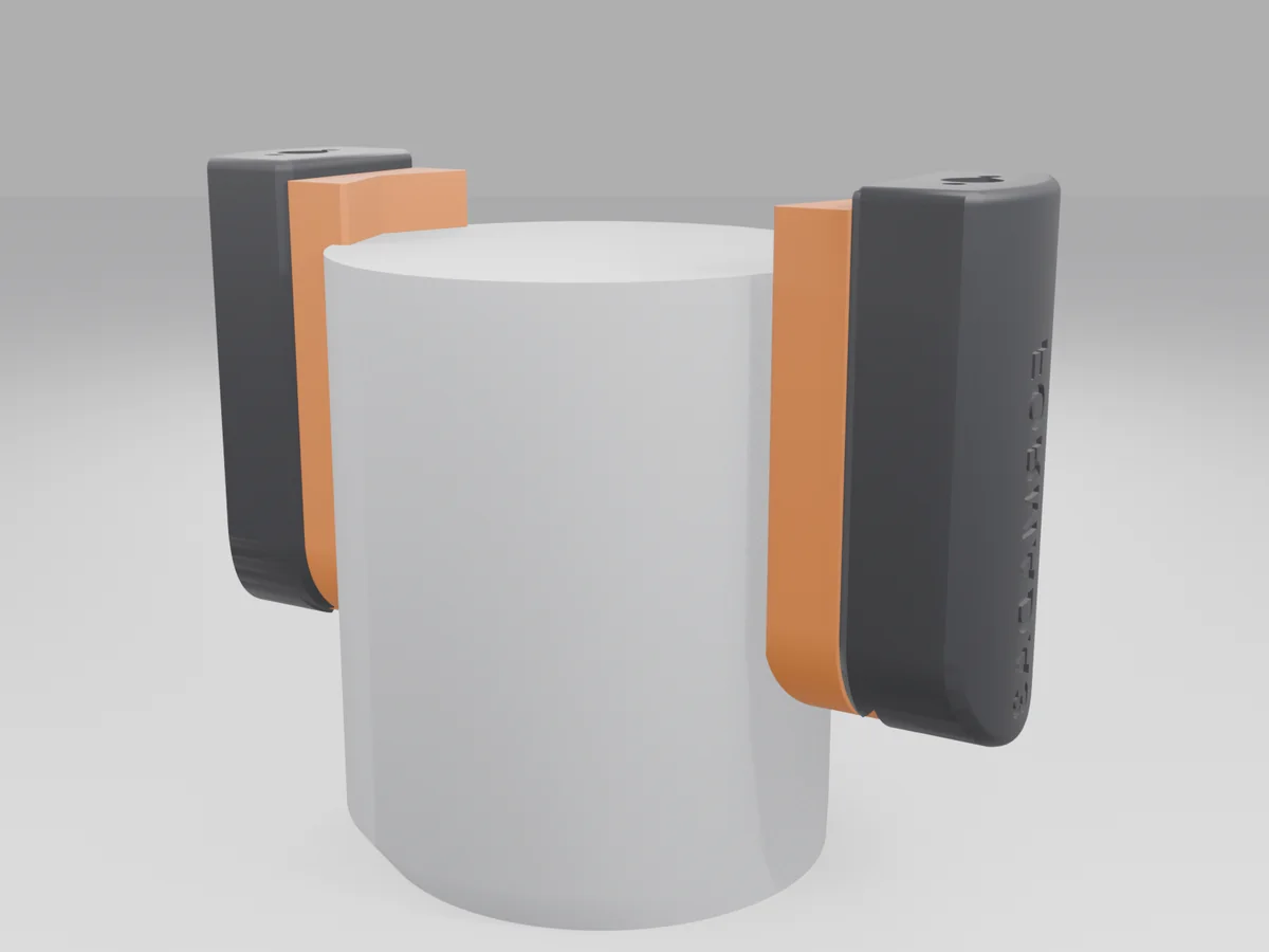 Render of a pair of custom fingertips with orange TPU V-groove pads holding a 50 mm cylinder