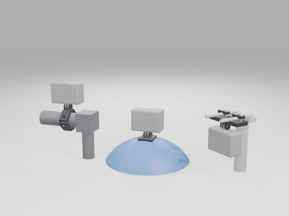 Grey camera-sized boxes on three black mounts: on a handlebar clamp on a plain bar, on a helmet base on a blue dome, and hanging under a plate clamped to two saddle rails