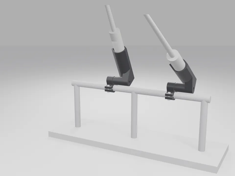 Two black swivel rod holders on a plain grey stern-rail stand-in, one at 30 and one at 60 degrees, each holding a plain grey rod stand-in