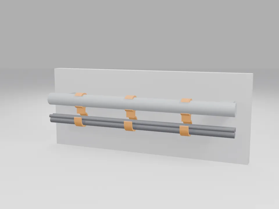 Three orange cable hanger clips snapped onto a grey conduit in front of a plain wall, carrying a bundle of dark cables in their hooks