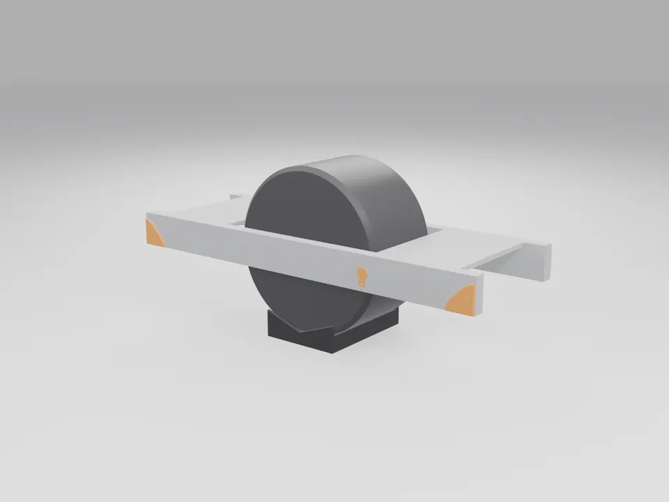 A plain grey stand-in board with a cylinder tyre seated in the black stand, orange guards on its rail corners and the plug in a plain port block