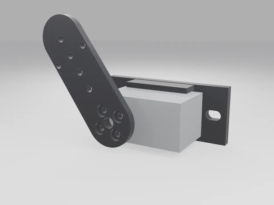 A plain grey block the size of a servo seated in the black cradle, with the black horn arm bolted to its output side