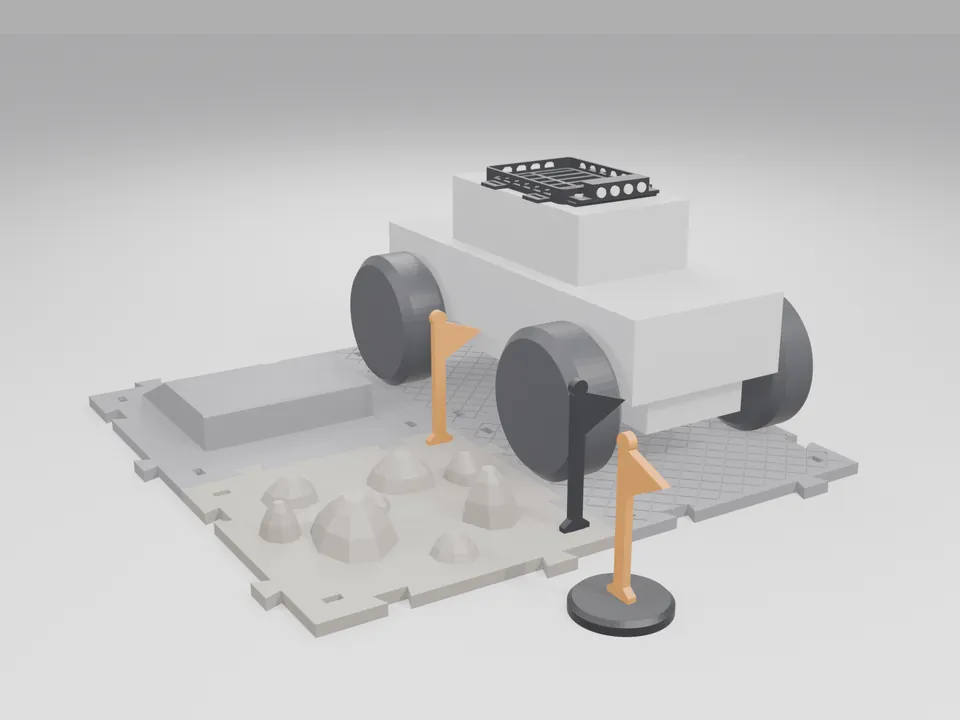 Four joined grey course tiles with flag gate markers and a plain grey box-shaped stand-in crawler carrying the black roof rack and LED light bar on its roof
