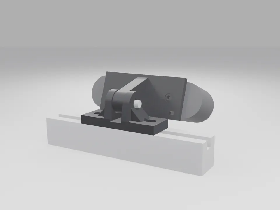 A plain grey bar-shaped camera stand-in on the black tilt mount, which is bolted to a short white 2020 extrusion stub