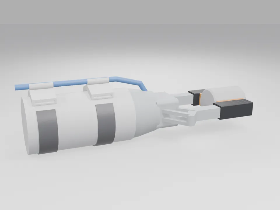 A plain grey two-finger gripper stand-in with black finger blanks and orange V pads holding a grey cylinder, mounted on a pale grey round arm link with two white cable clips on dark straps carrying a blue cable