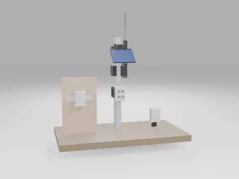 Grey sensor enclosures mounted three ways: on a metal pole with a gland lid, a tilted blue solar panel and an antenna mast above; on a ground stake in soil; and clipped to a DIN rail on a wooden backboard