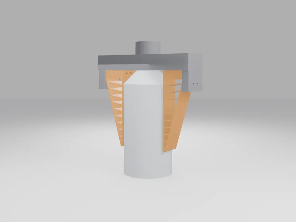 Two orange fin-ray style soft fingers on a grey parallel gripper, wrapped around a white 70 mm cylinder
