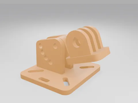 Orange 3D printed TPU camera mount: a flat base plate with diagonal slots and two upright ears holding a tilting holder with a three-finger interface