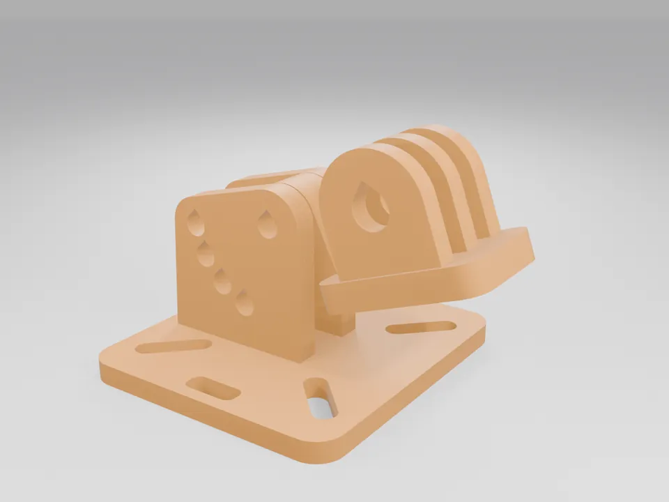 Orange 3D printed TPU camera mount: a flat base plate with diagonal slots and two upright ears holding a tilting holder with a three-finger interface