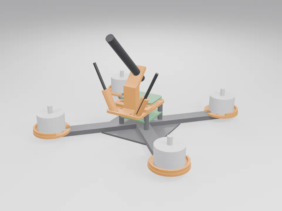 A plain grey quadcopter stand-in with white cylinder motors on orange bumpers, a green board on the orange tray and black antenna rods in the mounts