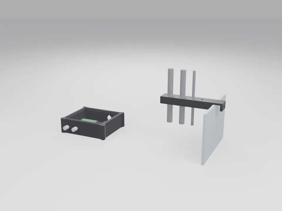 The black box open with a plain board stand-in inside, and the black probe arm clamped on a plain white panel holding three grey probe stand-ins
