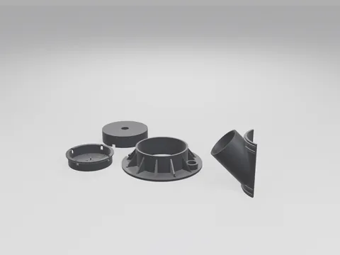 Black 3D printed hydroponic tower parts: a round top cap, a rain tray, a wide flanged base ring and an angled net-cup collar
