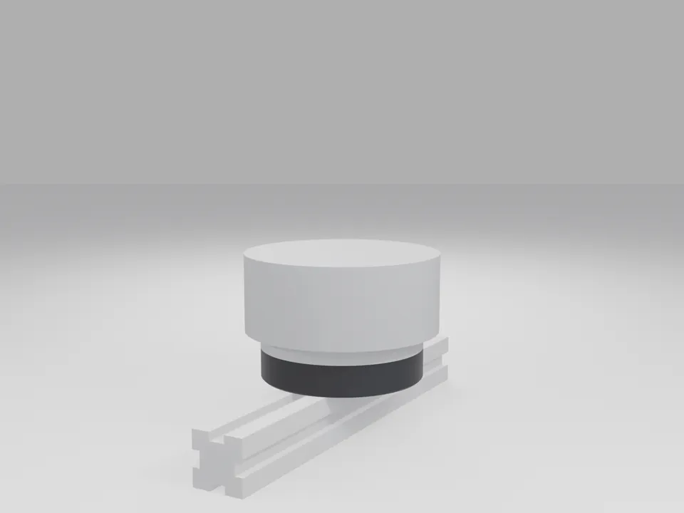 Grey 3D printed flange adapter sandwiched between a white robot flange stand-in and a 2020 extrusion stub