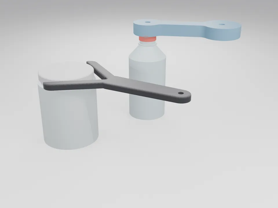 The black twist-aid gripping the lid of a plain jar stand-in, and the blue cap opener turned upside down over the red cap of a plain bottle stand-in