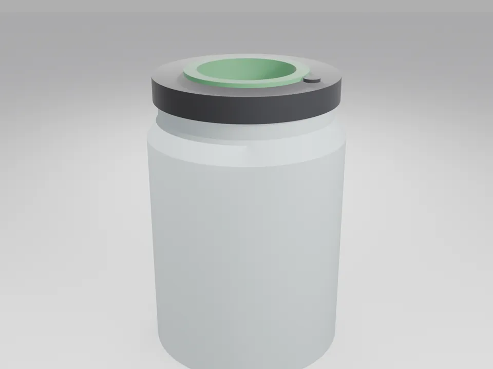 A black lid on a plain frosted jar stand-in, with a pale green net cup sitting in the lid's centre seat