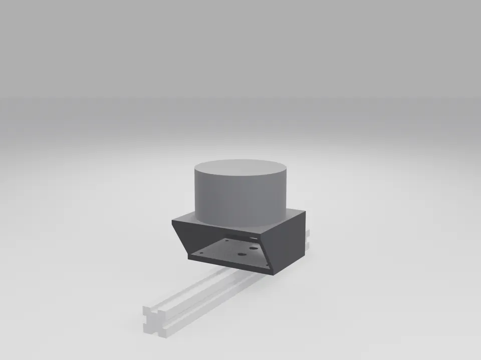 A plain grey cylinder LiDAR stand-in sitting on the black riser, which is bolted to a short grey 2020 extrusion bar