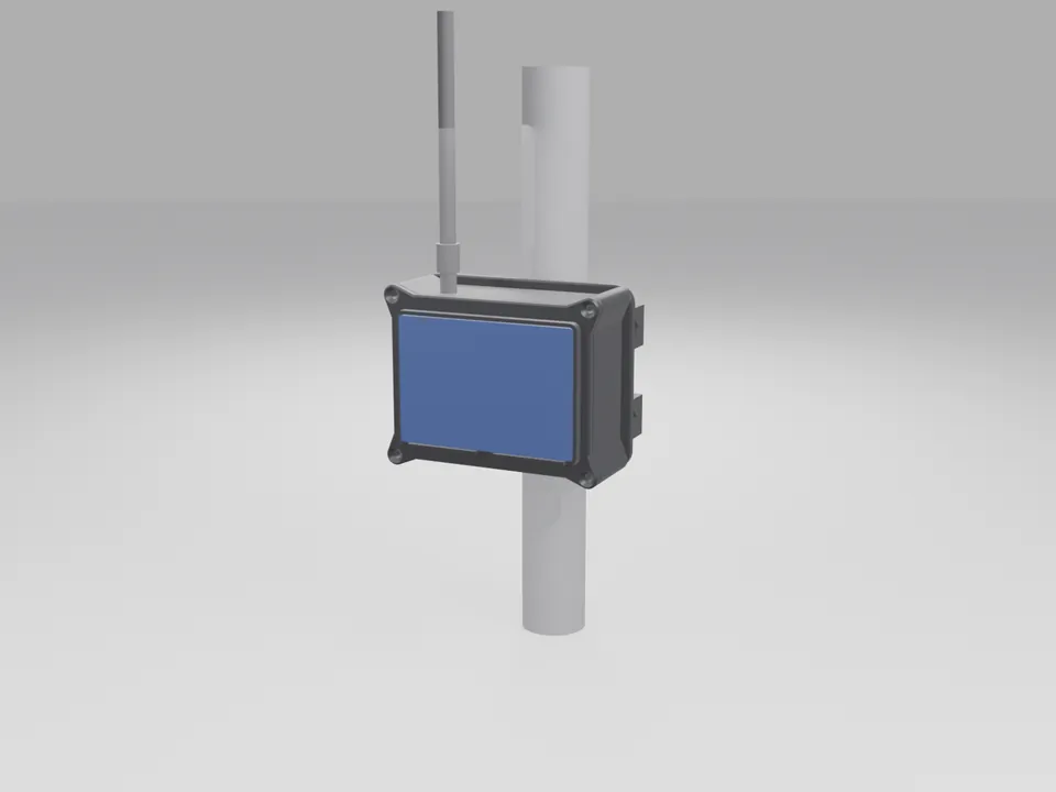 Black 3D printed mesh node case with a blue solar panel lid and an antenna, mounted on a grey pole