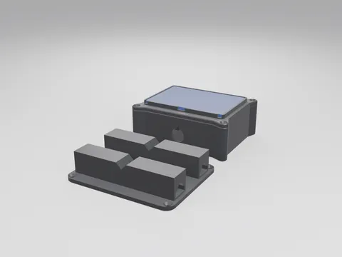 Black 3D printed LoRa node case with a small solar panel set into the lid, next to its black V-block pole bracket
