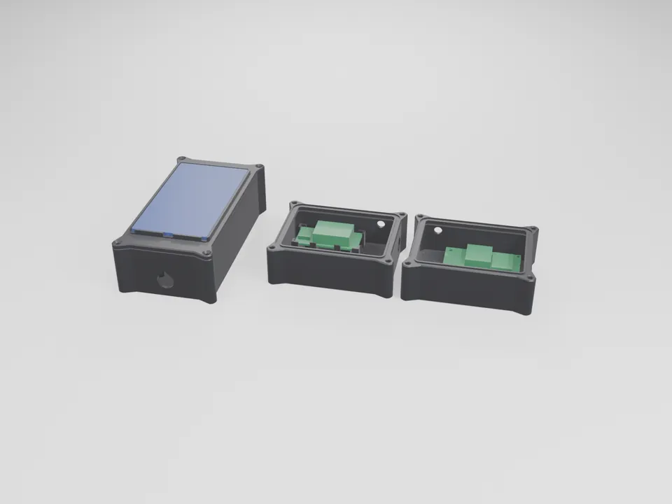 Three black 3D printed node cases: a long closed case with a blue solar panel in its lid frame, and two open boxes with plain green board stand-ins inside