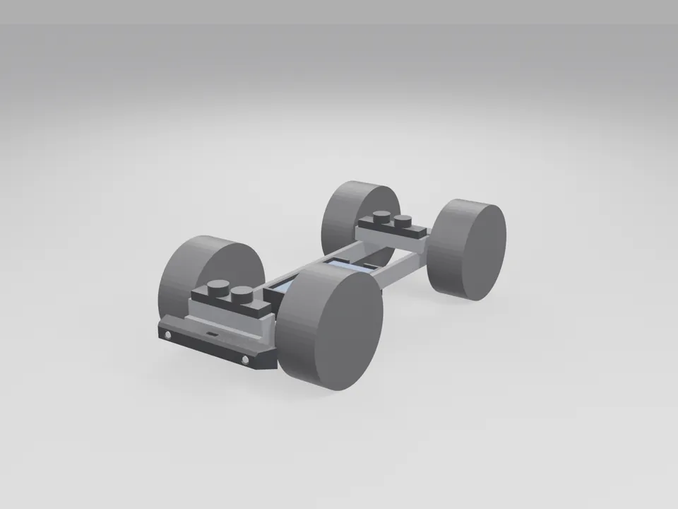 A plain grey stand-in crawler chassis with four wheels showing the black bumper at the front, the tray between the rails and the magnet bars on the body posts