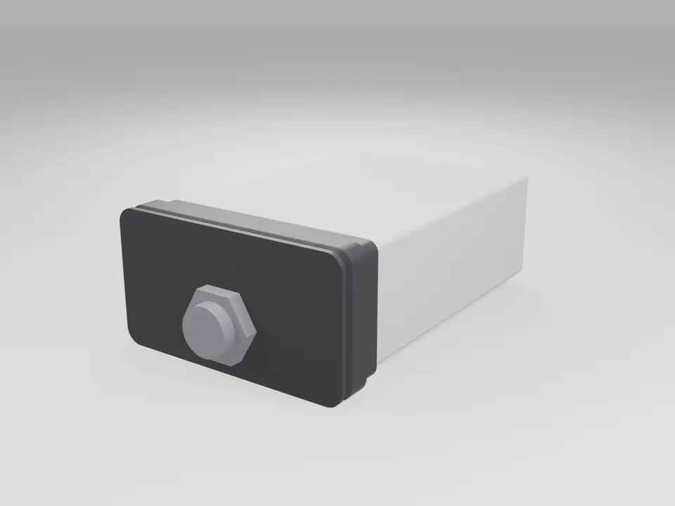 A black end cap on the end of a plain white rectangular channel stand-in, with a plain grey threaded connector in its port