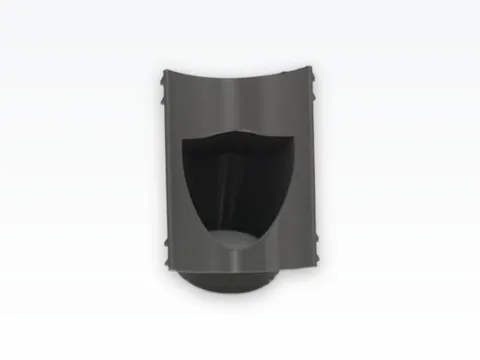 Grey 3D printed net-cup collar for 90 mm PVC pipe, standing on its curved saddle, with the angled cup opening and its V-trough floor