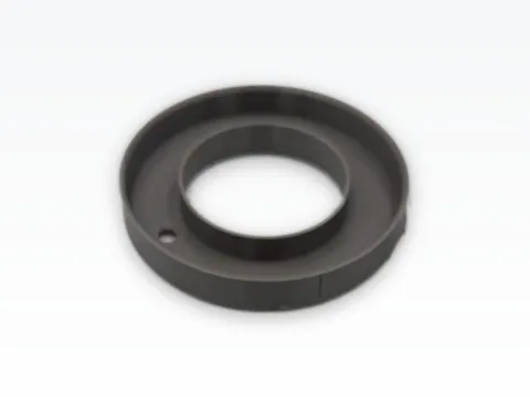 Grey 3D printed Kratky jar lid for a wide-mouth jar, seen at an angle, showing the rim skirt, the raised net-cup guide collar and the small fill port