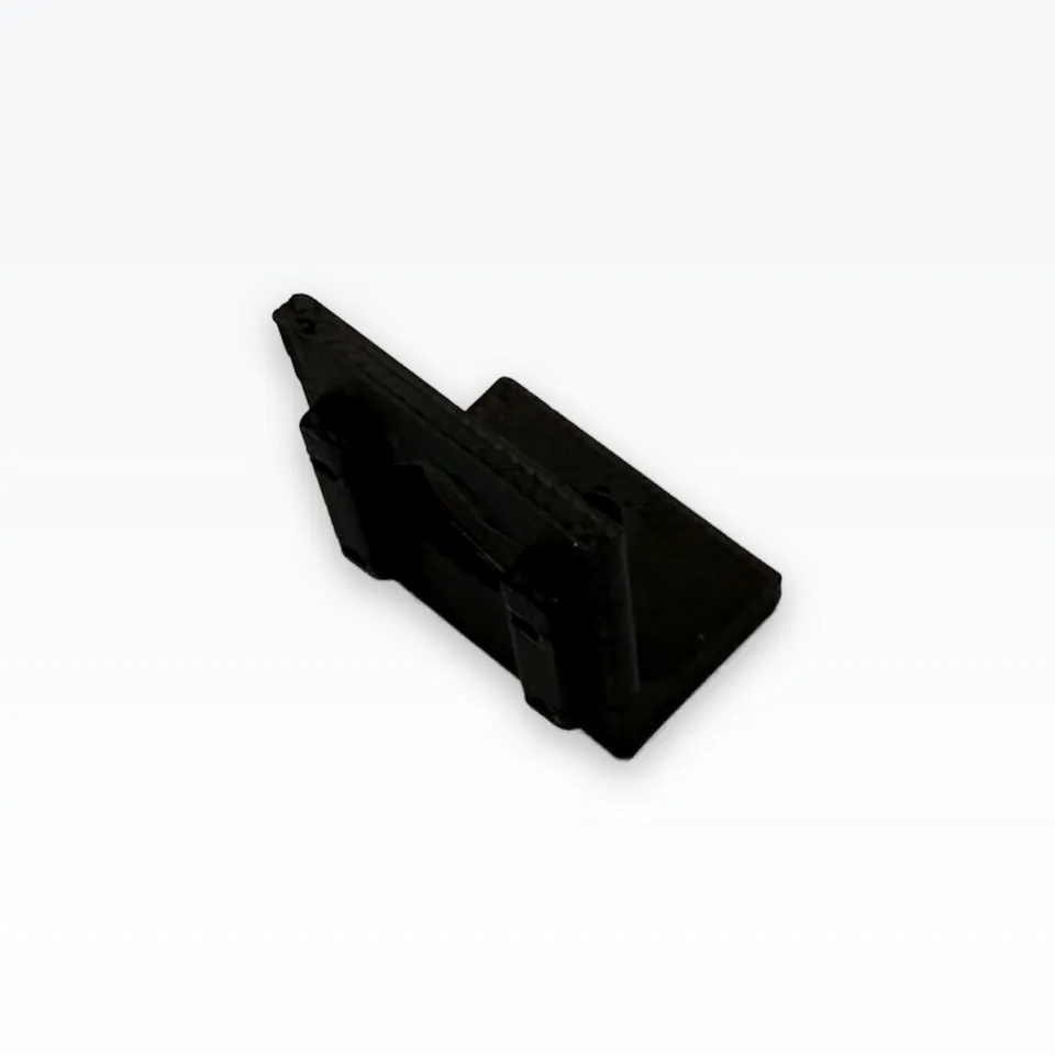 Black 3D printed camera mount from behind, showing the gusset and the slotted foot