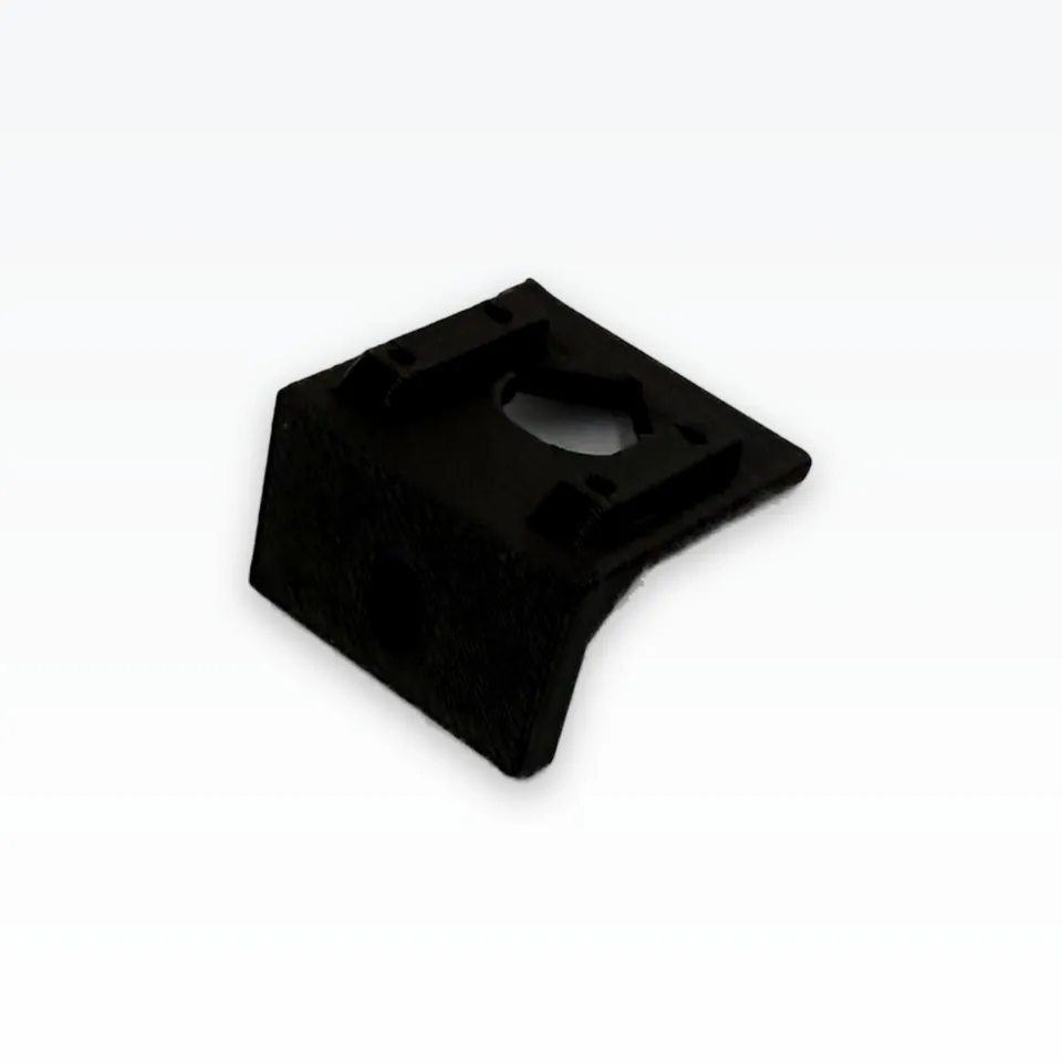 Black 3D printed camera mount seen from above at an angle