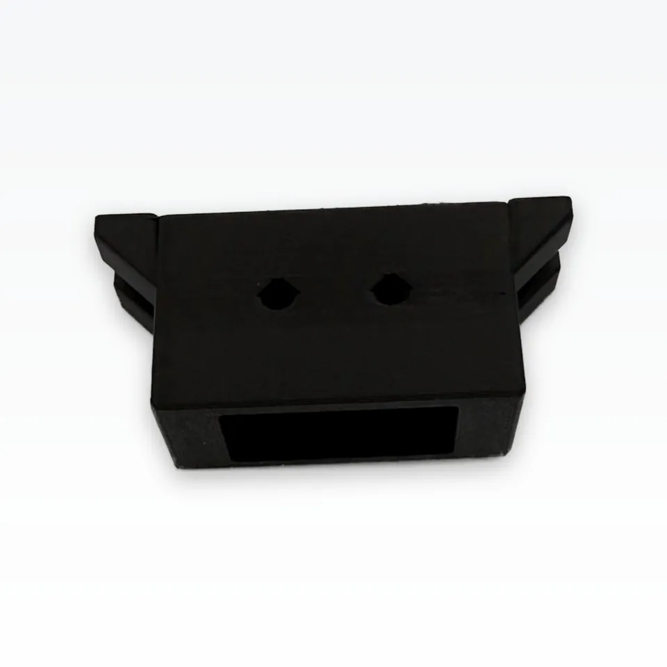 Front view of a black 3D printed servo bracket with two M5 holes and a cable slot