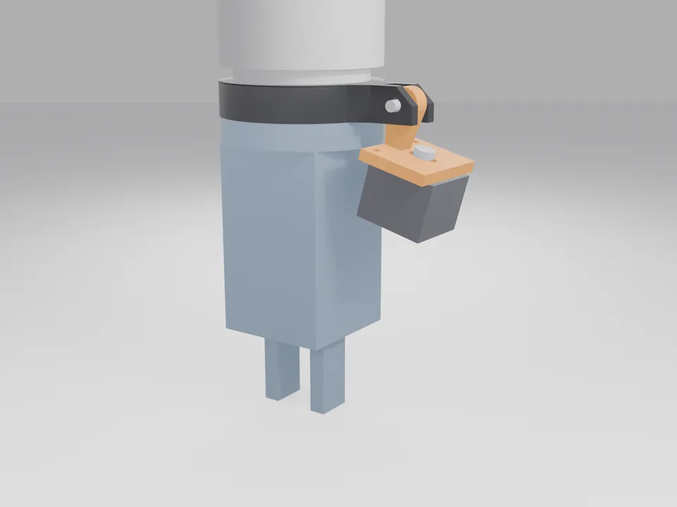 A black 3D printed collar between a plain white robot flange stand-in and a plain grey gripper stand-in, with an orange head holding a dark camera-sized box tilted toward the gripper
