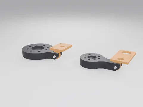 Two black 3D printed robot flange collars with bolt-hole circles and a short arm, each carrying an orange tilting head plate: one with a camera screw slot, one with two round sensor holes