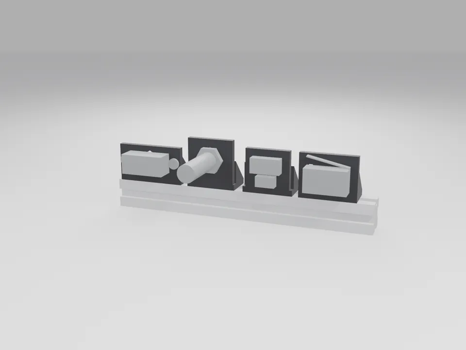 Four grey 3D printed brackets on a white 2020 extrusion holding stand-ins for an IR sensor, an M12 inductive sensor and two microswitches