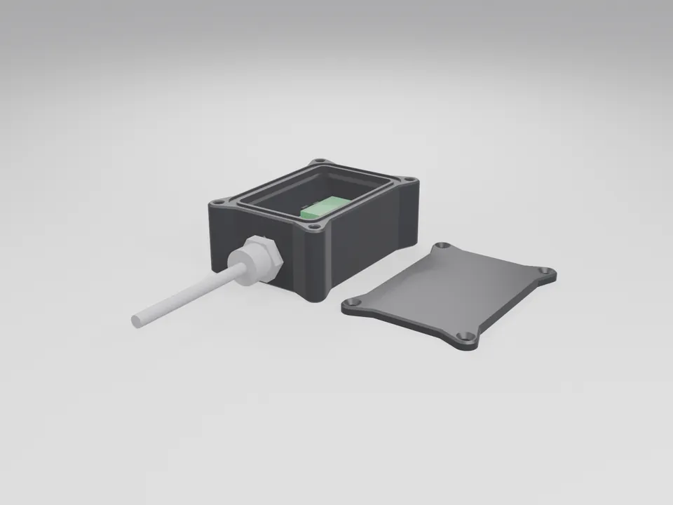 Small black 3D printed sensor enclosure with the lid off, a green circuit board in the cradle and a cable through a gland