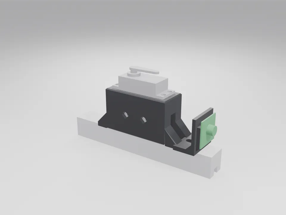 Black 3D printed servo bracket and camera mount fixed to a white 2020 aluminium extrusion, holding a servo and a small green camera board