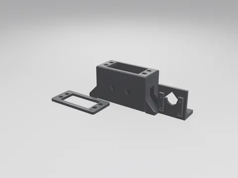 Black 3D printed servo bracket with mounting feet, a camera L-bracket with a lens window and a flat fit-test plate