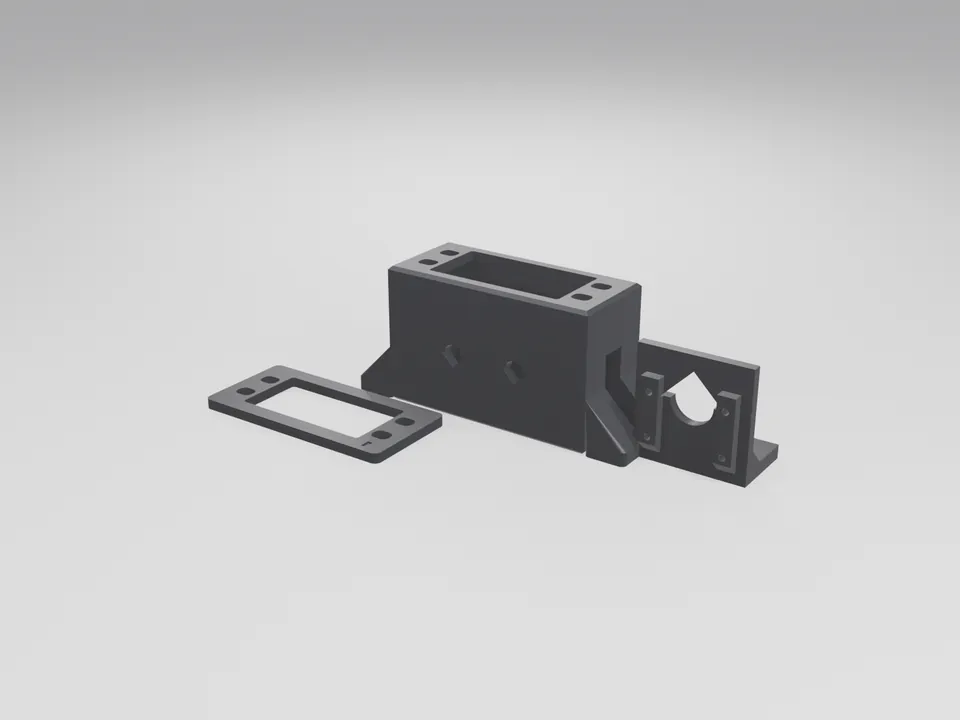 Black 3D printed servo bracket with mounting feet, a camera L-bracket with a lens window and a flat fit-test plate