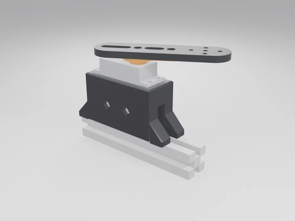 A black horn arm adapter on an orange horn on top of a plain grey servo-sized box, which sits in a black bracket on a grey extrusion