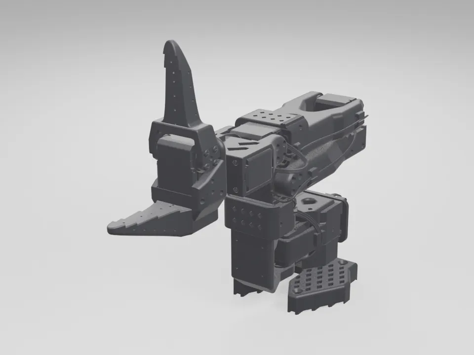 Render of the assembled SO-101 follower arm from the official CAD, resting in its folded pose on a studio floor
