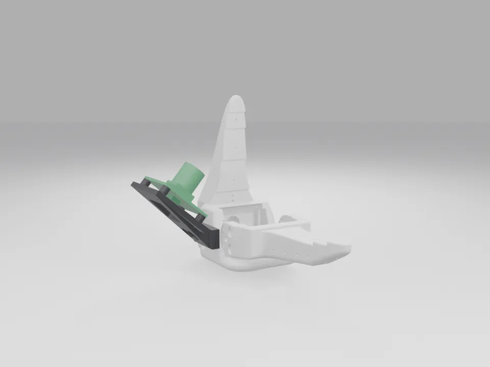 The black mount bolted to a white robot gripper jaw, holding a plain green camera board stand-in angled towards the fingers