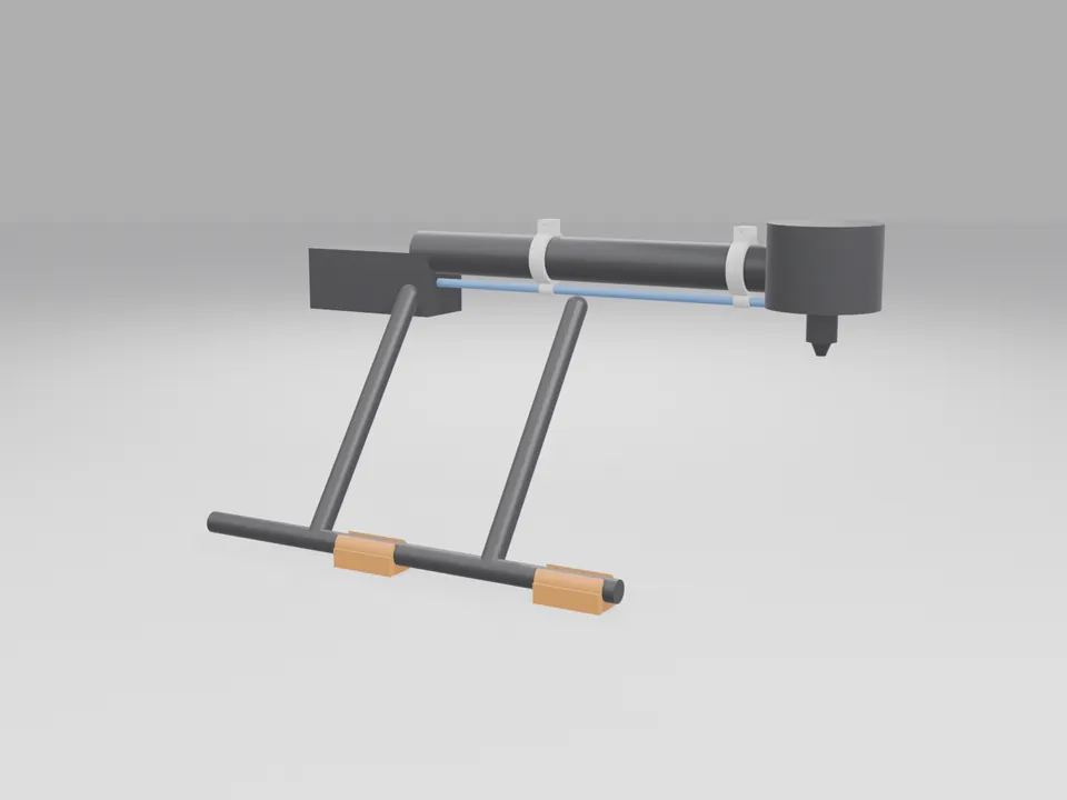 A plain grey drone arm stand-in with a cylinder motor pod and nozzle, two black clamps carrying a blue hose along it and orange guards on a generic skid