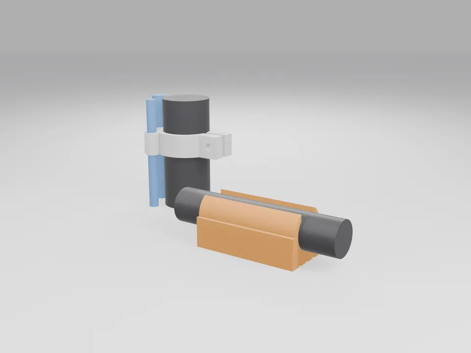 Black 3D printed split tube clamp with two clip arms seated on a grey tube next to an orange C-shaped skid guard on a second tube