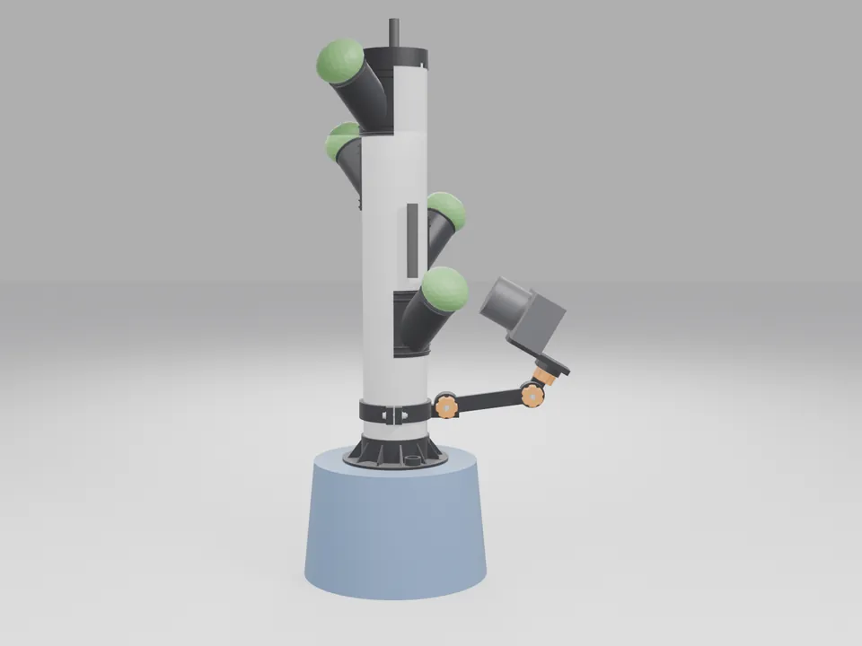 A white pipe tower standing in a plain blue bucket with black collars up its side, each holding a black net pot with a green plant-shaped stand-in, and a black camera arm clamped to the pipe low down holding a plain grey camera box